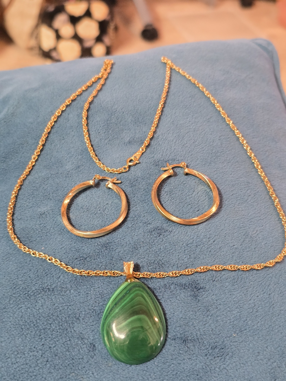 Gold-Plated Necklace & Hoop Earrings Set with Green Malacite Teardrop Pendant